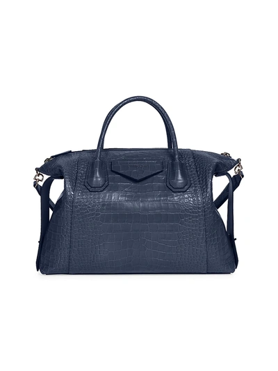 Shop Givenchy Medium Antigona Soft Croc-embossed Leather Tote In Navy