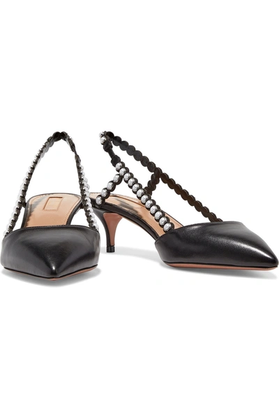 Shop Aquazzura Pearl 45 Embellished Leather Slingback Pumps In Black