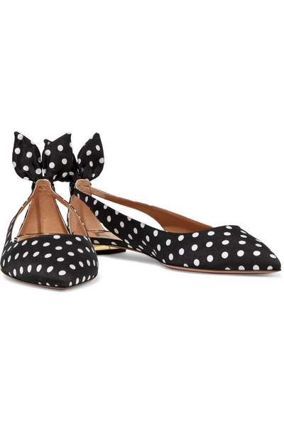 Shop Aquazzura Deneuve Bow-embellished Polka-dot Twill Point-toe Flats In Black