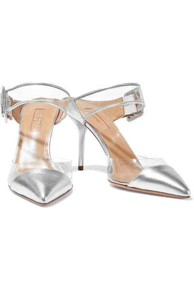 Shop Aquazzura Optic 85 Buckled Metallic Leather And Pvc Mules In Silver