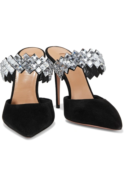 Shop Aquazzura Talisman 105 Crystal-embellished Suede Mules In Black