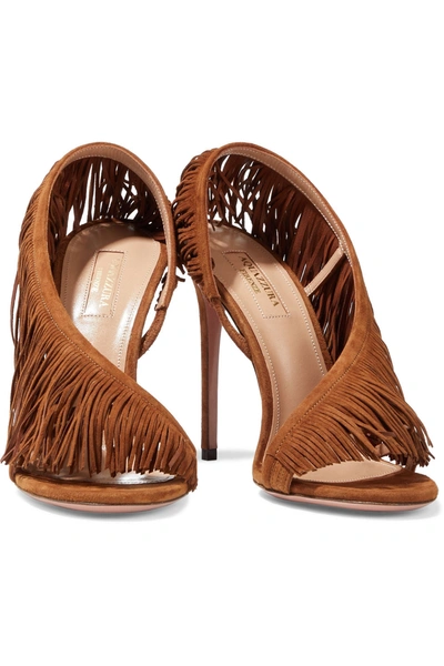 Shop Aquazzura Wild Fringe 105 Suede Sandals In Brown