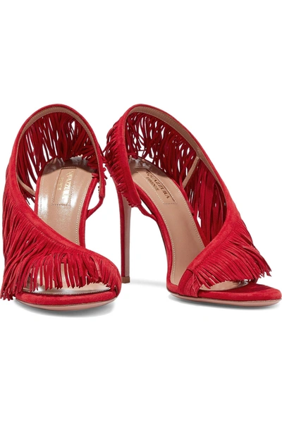 Shop Aquazzura Wild Fringe 105 Suede Sandals In Red