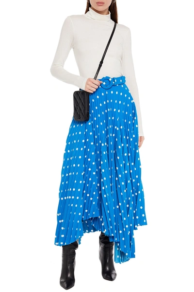 Shop Balenciaga Asymmetric Belted Pleated Polka-dot Crepe Midi Skirt In Cobalt Blue