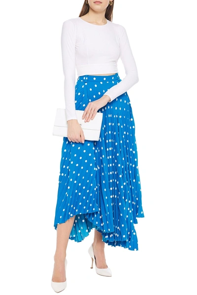 Shop Balenciaga Asymmetric Pleated Polka-dot Crepe Midi Skirt In Blue