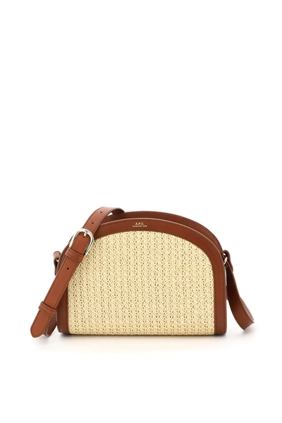 Shop A.p.c. Demi-lune Woven Raffia Shoulder Bag In Beige,brown