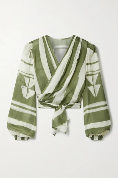 Shop Johanna Ortiz + Net Sustain Camino Inca Cropped Printed Organic Cotton-voile Wrap Top In Army Green