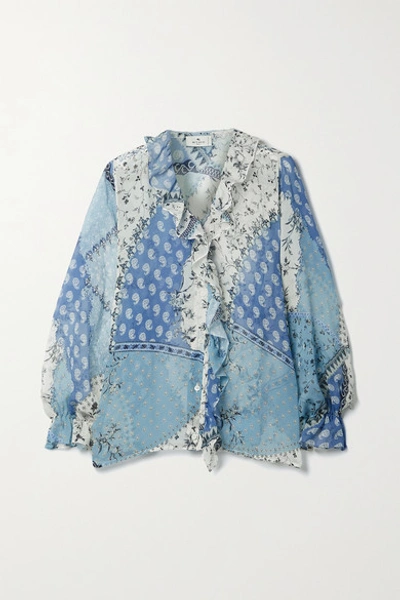 Shop Etro Ruffled Patchwork Printed Silk-crepon Blouse In Light Blue