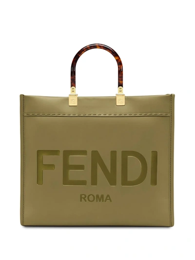 Shop Fendi Sunshine Logo-debossed Leather Tote In Green