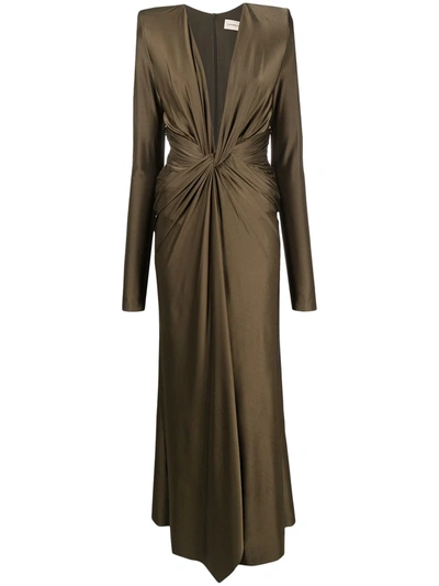 Shop Alexandre Vauthier Plunging Long-sleeved Ruched Gown In Green