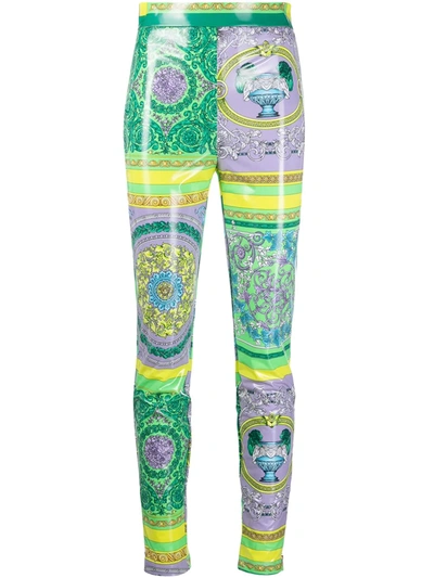 Shop Versace Barocco Print High-shine Trousers In Purple