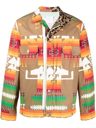 Shop Sacai Geometric Print Lightweight Jacket In Brown