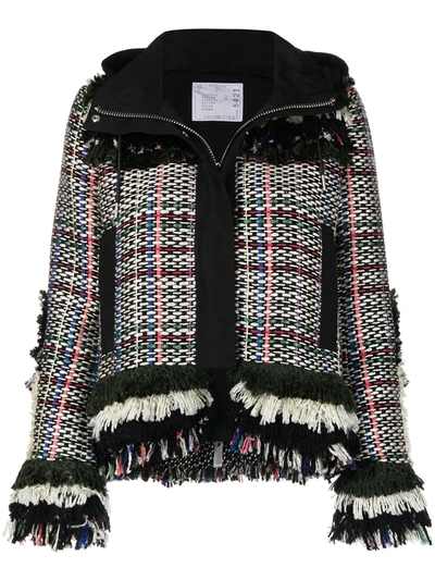 Shop Sacai Frayed Tweed Jacket In Black