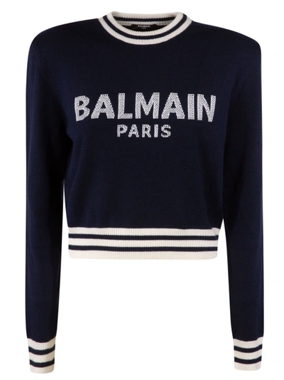 Shop Balmain Cropped Length Logo Knit Sweater In Blue/white
