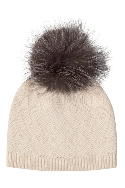 Shop Amicale Cashmere Diamond Stitch Knit Hat With Genuine Fox Pom In 271ivr