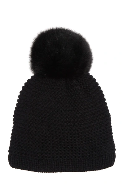 Shop Kyi Kyi Genuine Fox Fur Pompom Knit Beanie In Black