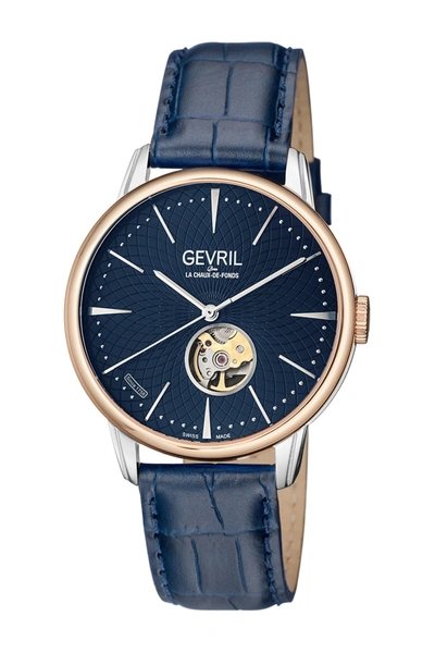 Shop Gevril Mulberry Silver Dial Calfskin Leather Strap Watch, 42mm In Blue