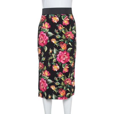 Pre-owned Dolce & Gabbana Black Floral Print Cady Pencil Skirt S