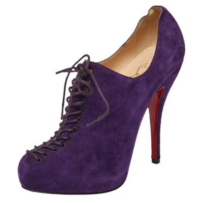 Pre-owned Christian Louboutin Purple Suede Lace Up Platform Booties Size 38.5