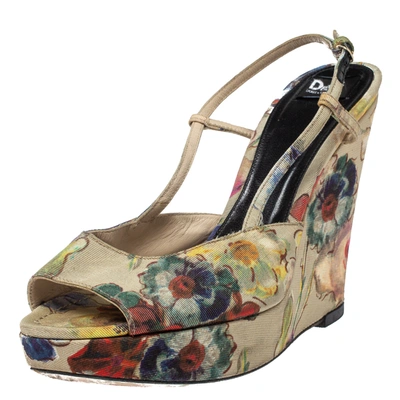Pre-owned Dolce & Gabbana Multicolor Floral Printed Fabric Platform Wedge Sandals Size 38.5