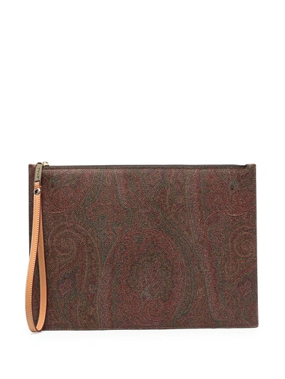 Shop Etro Paisley Print Zipped Clutch In Brown