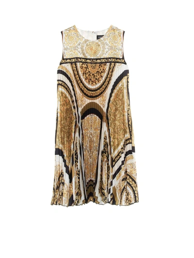 Shop Versace Young Barocco Dress In White, Black And Gold Color
