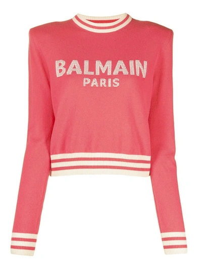 Shop Balmain Logo Intarsia Cropped Jumper In Pink
