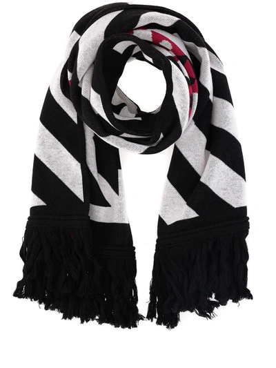 Shop Off-white Striped Wool Cotton Blend Scarf In Black