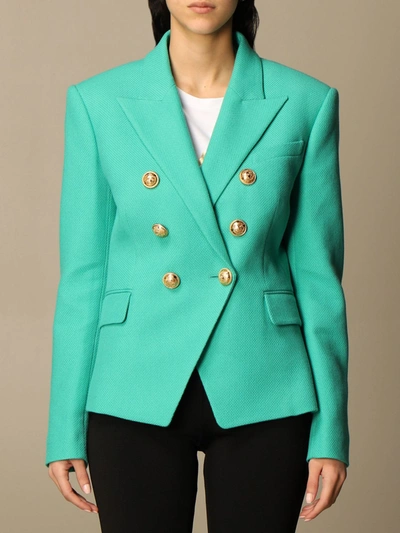 Shop Balmain Double-breasted Jacket In Pique Cotton In Green