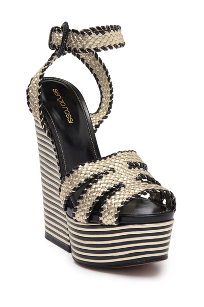Shop Sergio Rossi Woven Stripe Platform Block Heel Sandal In Platinum Black