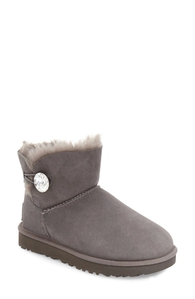 Shop Ugg Mini Bailey Button Bling Genuine Shearling Boot In Gry