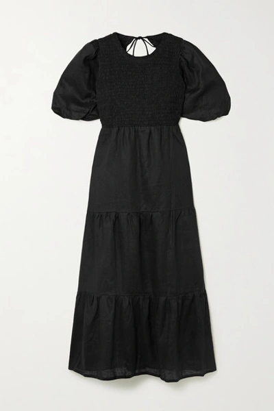 Shop Faithfull The Brand + Net Sustain Alberte Open-back Shirred Linen Midi Dress In Black