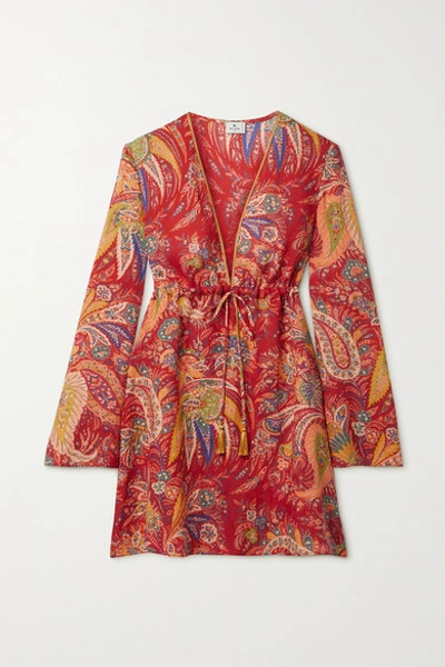 Shop Etro Itaca Tasseled Paisley-print Ramie Mini Dress In Red