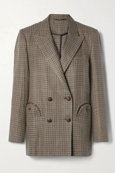 Shop Blazé Milano Everynight Double-breasted Houndstooth Linen And Cotton-blend Blazer In Brown