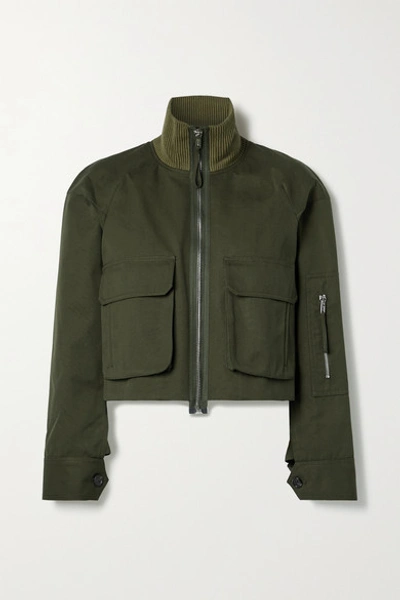Shop Helmut Lang Cropped Ribbed Knit-trimmed Canvas Jacket In Army Green