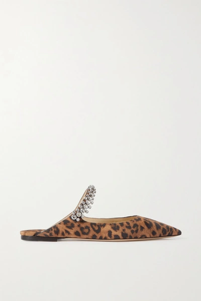 Shop Jimmy Choo Bing Crystal-embellished Leopard-print Suede Point-toe Flats In Brown