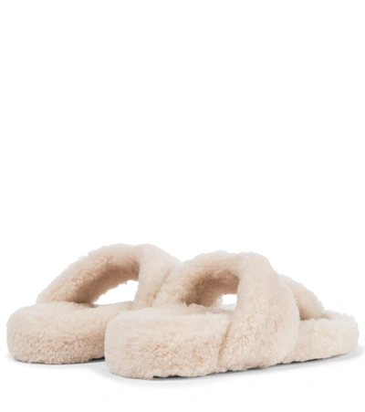Aquazzura Relax Flat Footbed Shearling Slides In White