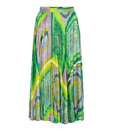Shop Versace Barocco Mosaic Pleated Satin Midi Skirt In Multicoloured