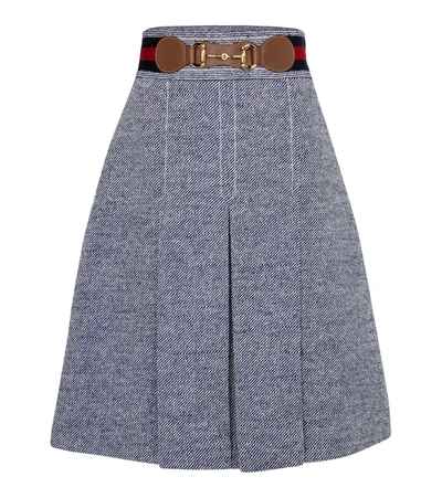 Shop Gucci Pleated Bouclé Midi Skirt In Blue