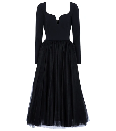 Shop Carolina Herrera Crêpe And Tulle Midi Dress In Black