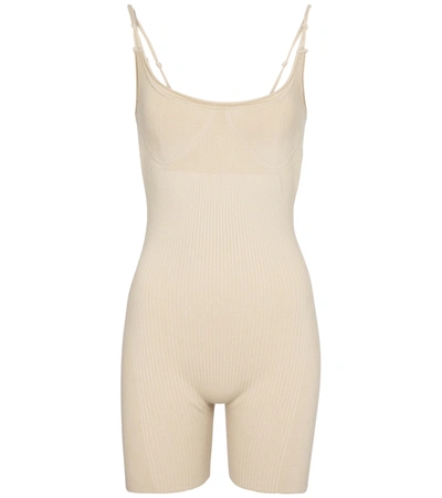 Shop Jacquemus Le Body Short Ribbed-knit Playsuit In Beige