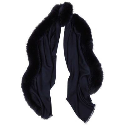 Shop Ama Pure Navy Fur-trimmed Wool Scarf