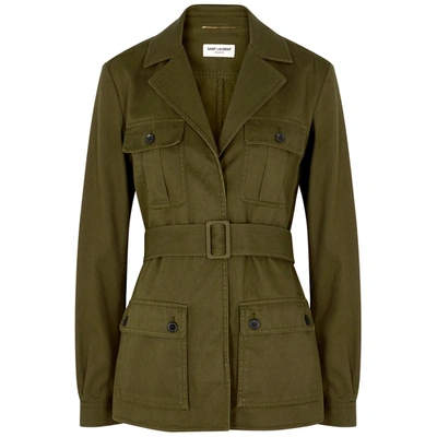 Shop Saint Laurent Army Green Belted Twill Jacket In Khaki