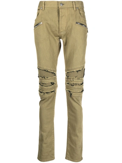 Shop Balmain Ripped Multi-pocket Skinny Jeans In Green