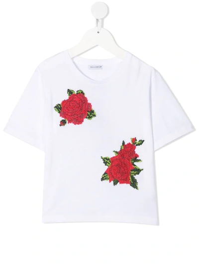 Dolce & Gabbana Girls White & Red Roses T-shirt In White