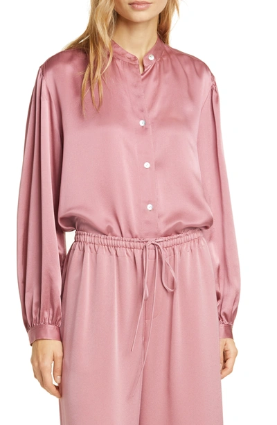 Shop Vince Shirred Band Collar Silk Blouse In Rose Root