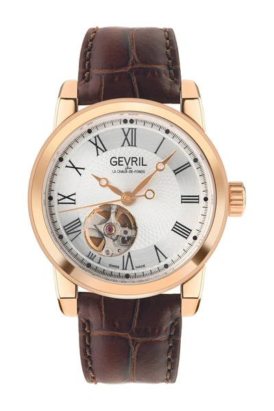 Shop Gevril Madison Croc Embossed Leather Strap Watch, 39mm In Brown