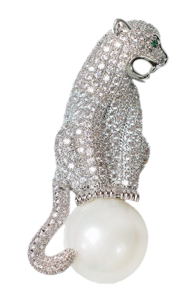 Shop Cz By Kenneth Jay Lane Rhodium Plated Pave Cz Panther Imitation Pearl Brooch In White-clear-silver