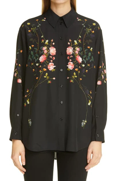 Shop Burberry Carlota Rose Print Silk Crepe De Chine Button-up Shirt In Black Ip Pattern