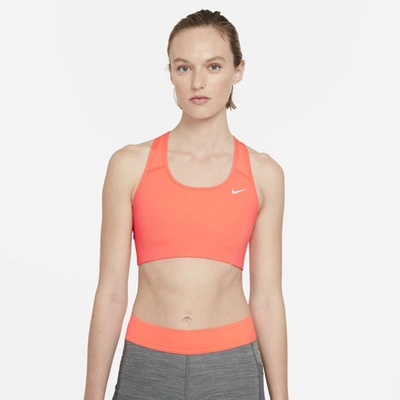 Shop Nike Dri-fit Swoosh Women's Medium-support Non-padded Sports Bra In Bright Mango,white